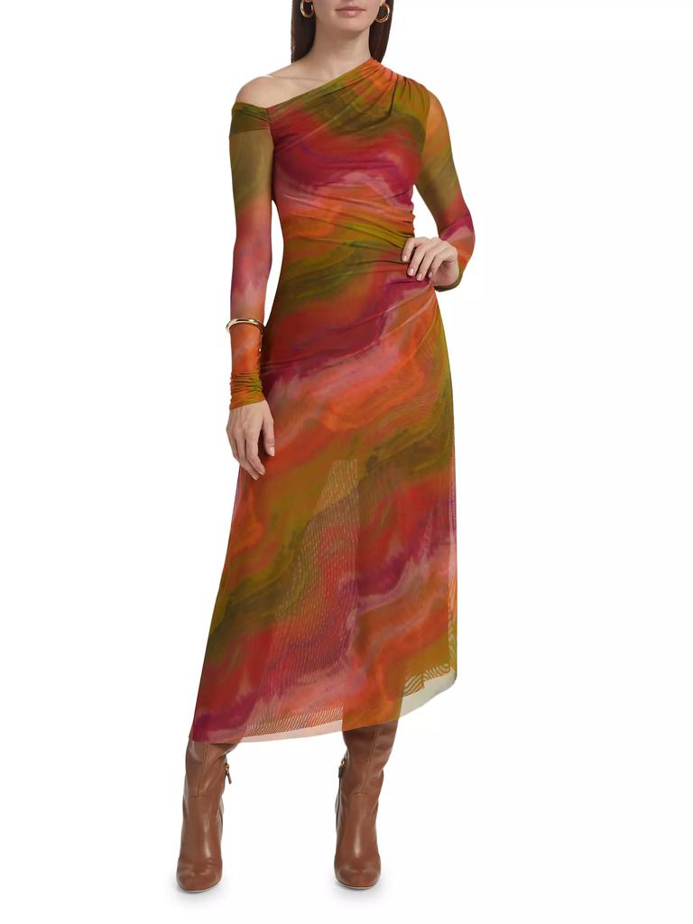 AMUR Drena Abstract Mesh One-Shoulder Midi-Dress