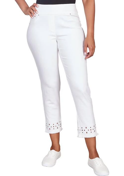 Ruby Rd Rd Petite Pull On Colored Stretch Denim Jeans With Fringe Hem Detail And Diamond Cutout Embroidered Detail 1