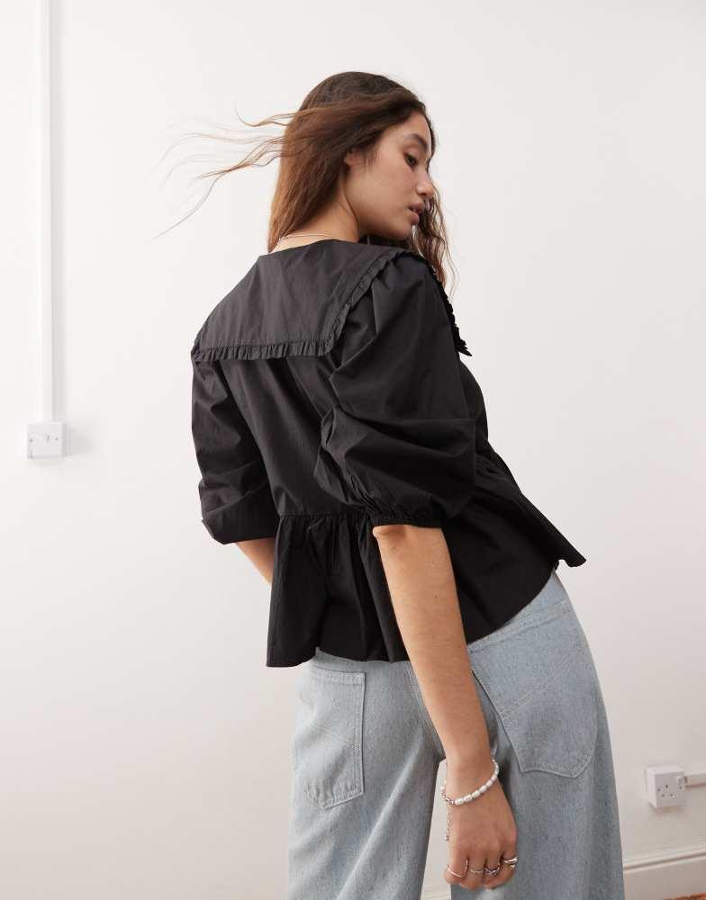 Monki Monki long sleeve frill collared peplum blouse in black