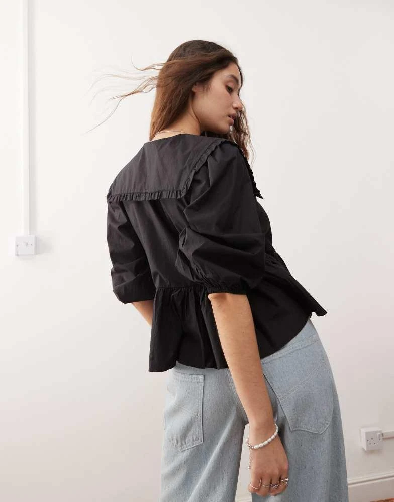 Monki Monki long sleeve frill collared peplum blouse in black 2