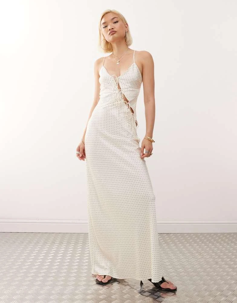 Lioness Lioness About A Girl asymmetric bow tie cutout detail satin maxi dress in white polka dot