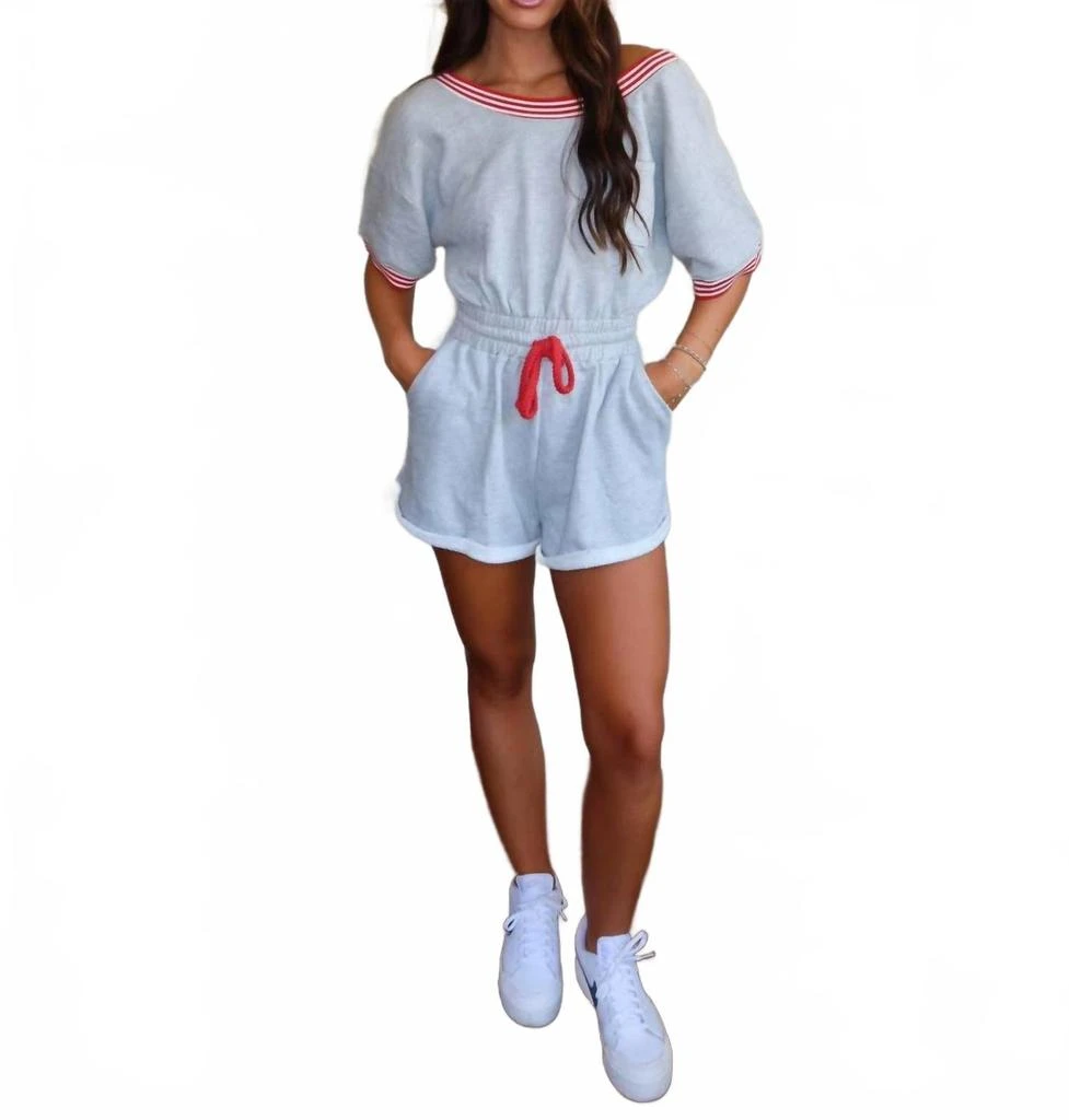 BUCKETLIST Ribbed Band Trim Terry Romper In White/ Pink 1