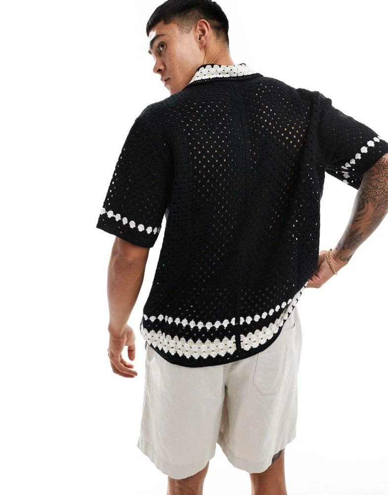 Abercrombie & Fitch Abercrombie & Fitch buttonthrough border stripe crochet knit polo in black 4