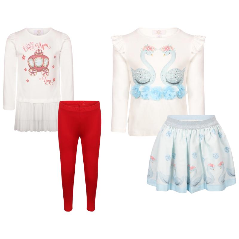 Caramelo Kids Once upon a time and swans print long sleeved shirts leggings and skirt set in red white and light blue