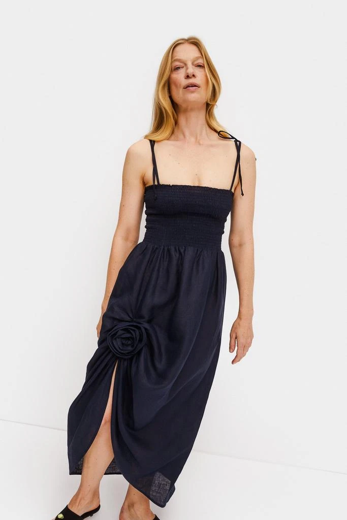 atlanta linen dress with rose detail in blue Linen Twist Detail Dress – Lela Rose