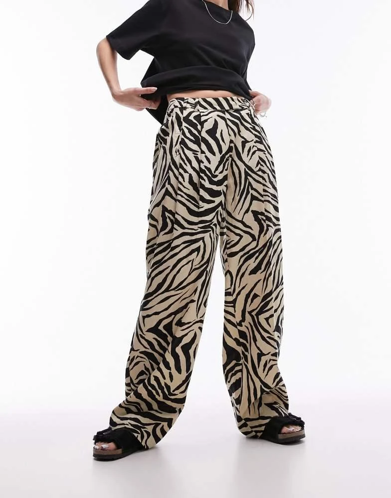 Topshop Topshop zebra printed wide leg linen trouser in monochrome 2