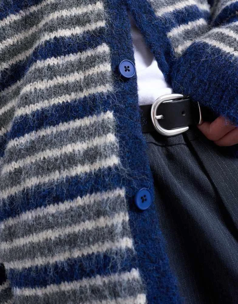 Topman Topman fluffy stripe crew cardigan in blue 4