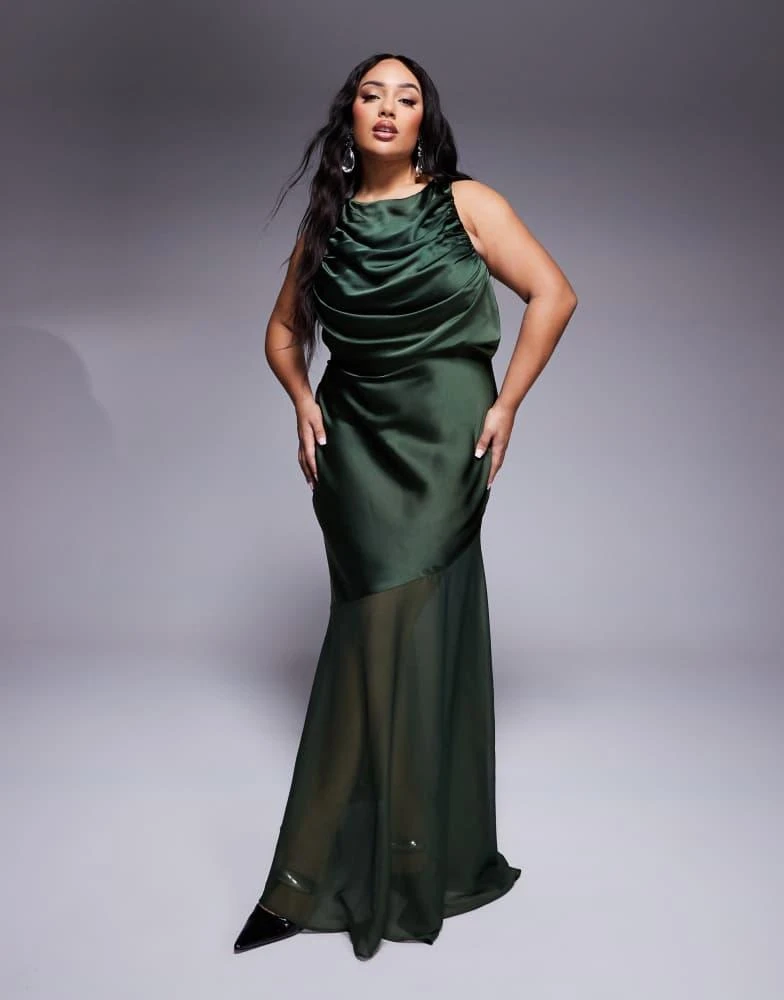 ASOS ASOS DESIGN Curve satin chiffon mix draped bodice maxi dress in deep green 1