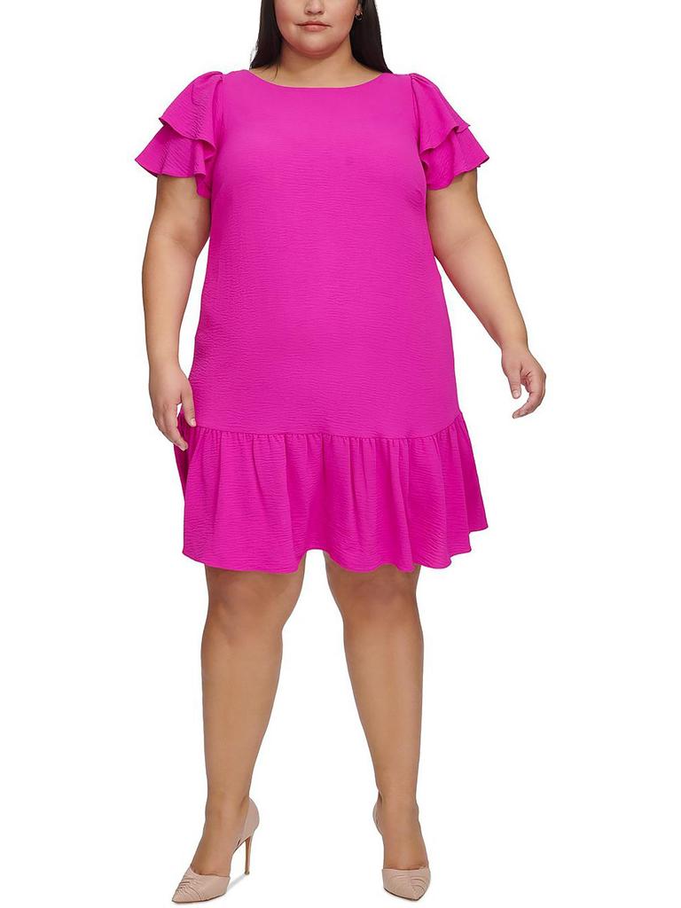 DKNY Plus Womens Woven Ruffled Shift Dress