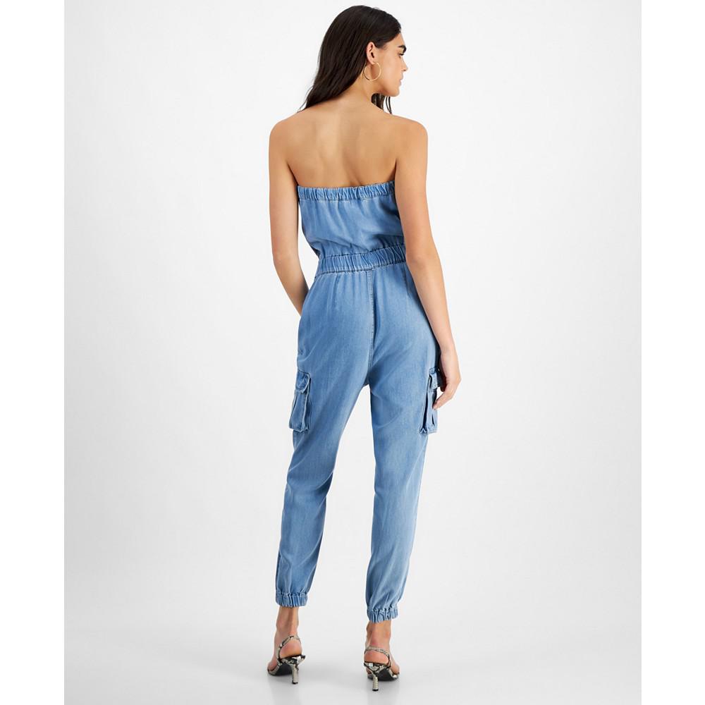 GUESS Women's Lucia Strapless Cargo Denim Jumpsuit