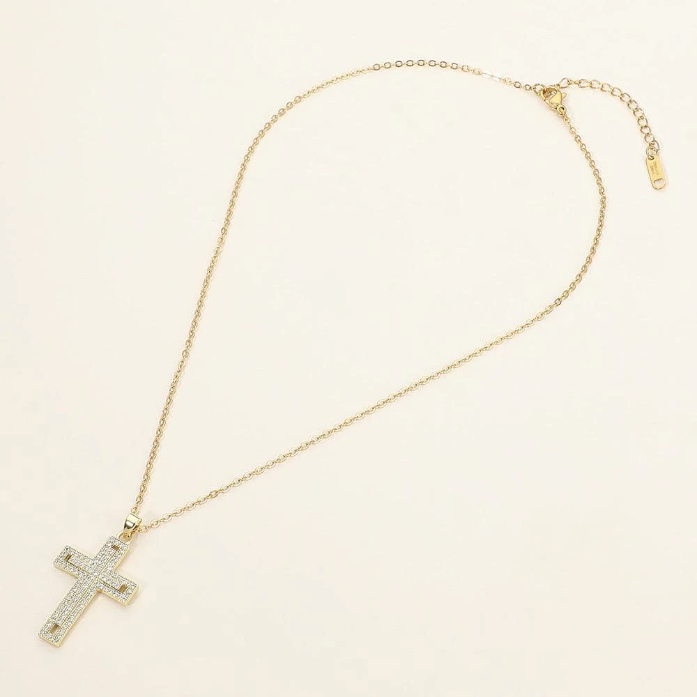 FASHNZFAB Stainless Steel CZ Stone Paved Cross Pendant Necklace 2