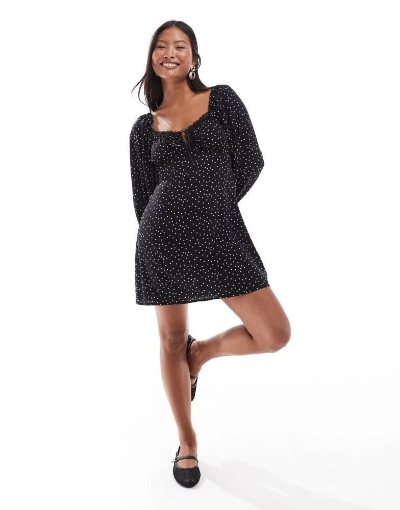 Miss Selfridge Miss Selfridge Petite ribbon detail tie front mini tea dress in polka dot 2