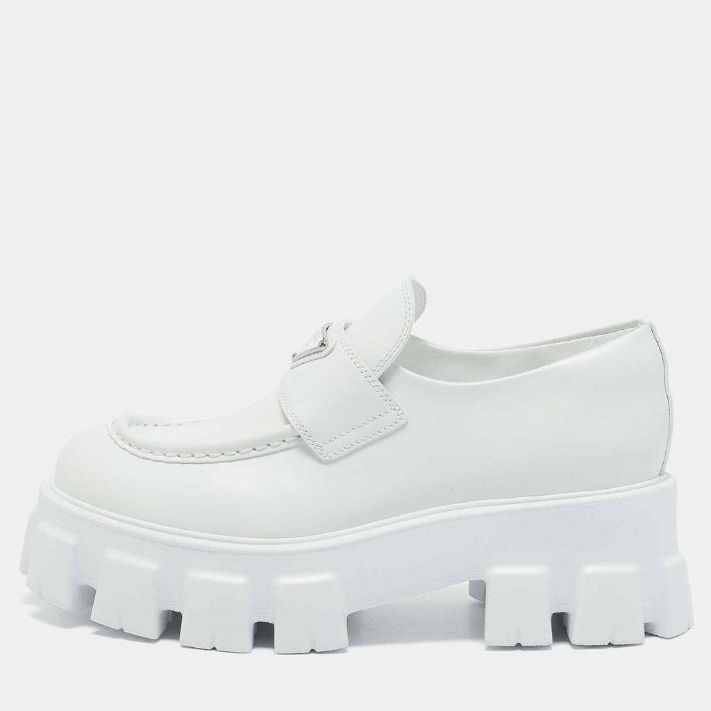 Prada Prada White Leather Monolith Triangle Logo Loafers Size 39