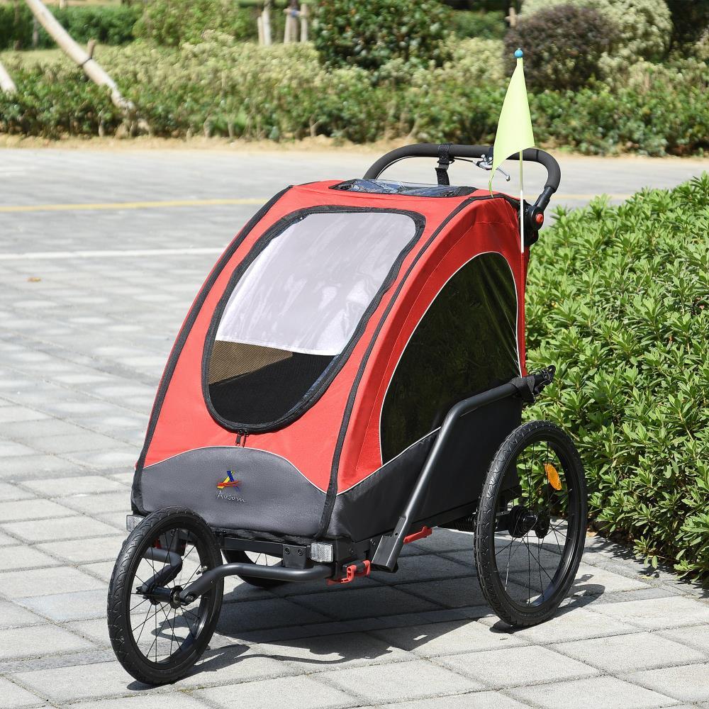 BreeBe Aosom Bike Trailer for Kids 3 In1 Foldable Child Jogger Stroller Baby Stroller Transport Carrier with Shock Absorber System Rubber Tires Adjustable Handlebar Kid Bicycle Trailer Red and Grey