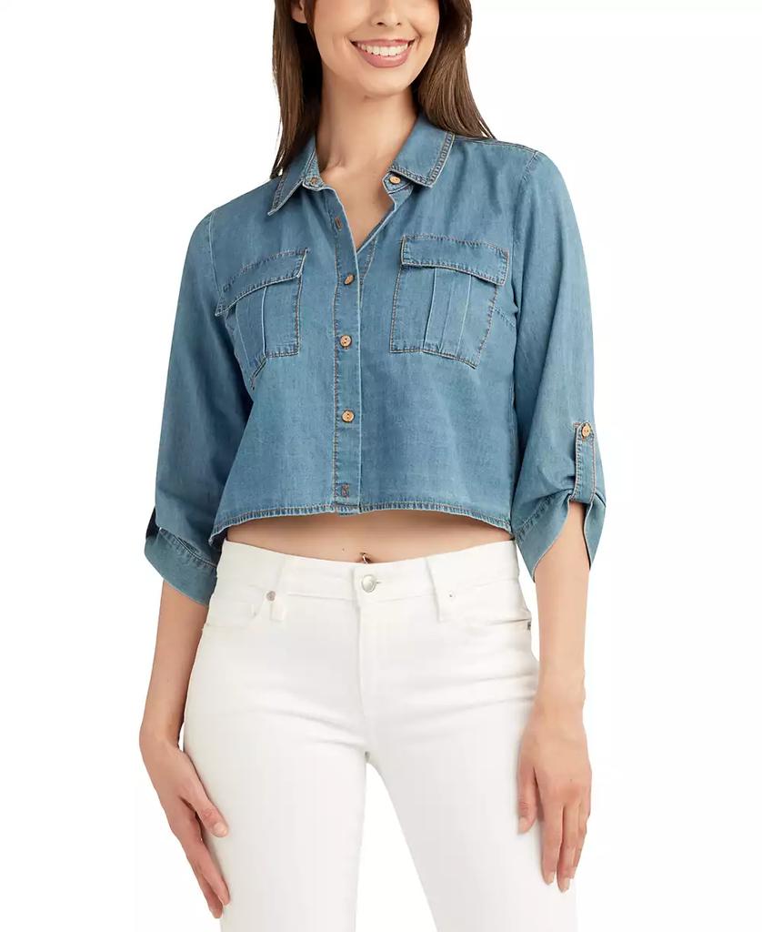 BCX Juniors' Denim Cropped Utility Shirt