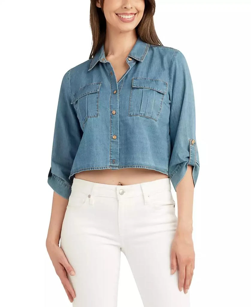 BCX Juniors' Denim Cropped Utility Shirt 1