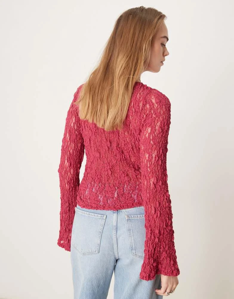 ASOS AS0S DESIGN slash neck sheer lace angel sleeve top in raspberry 3