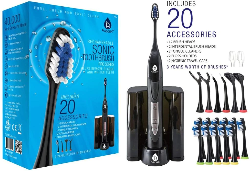 PURSONIC Ultra High Powered Sonic Electric Toothbrush with Dock Charger, 12 Brush Heads & More! (Value Pack)BLACK 1