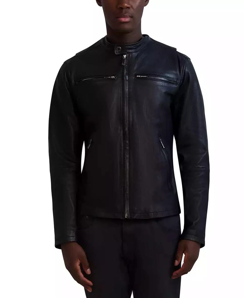 Karl Lagerfeld Paris Men's Band-Collar Distressed Leather Jacket 1