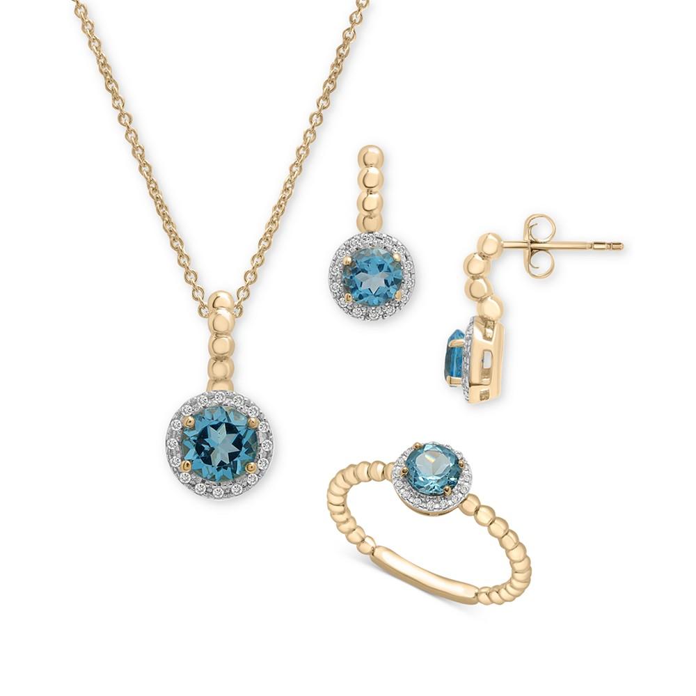 Macy's 3-Pc. Set Blue Topaz (1-3/4 ct. tw) & Diamond Accent Pendant Necklace, Matching Ring & Drop Earrings in 14k Gold-Plated Sterling Silver