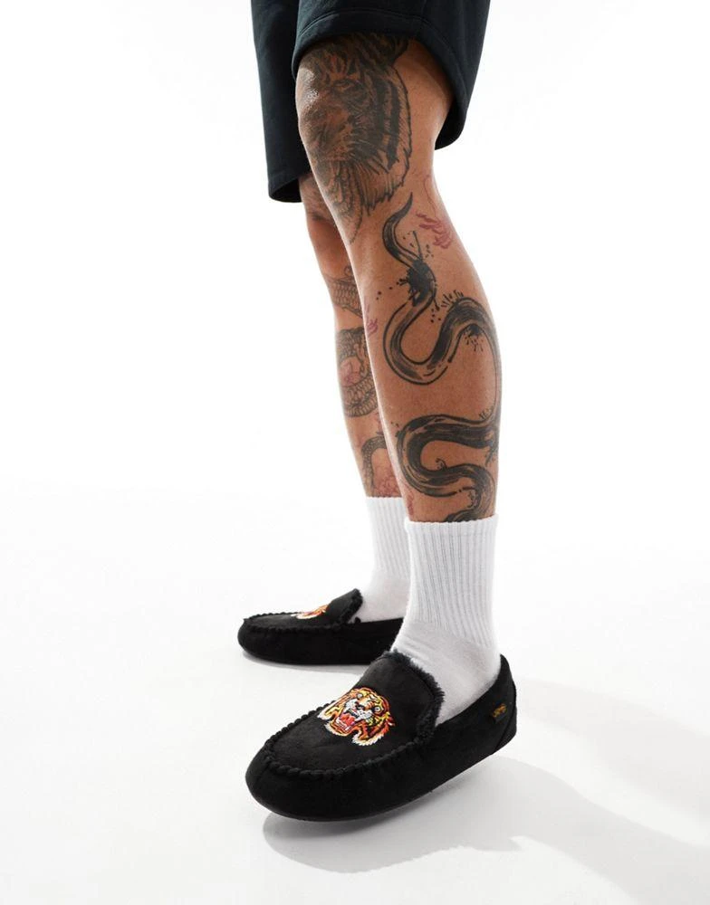 Ed Hardy Ed Hardy moccasin slippers with embroidered tiger face in black 1