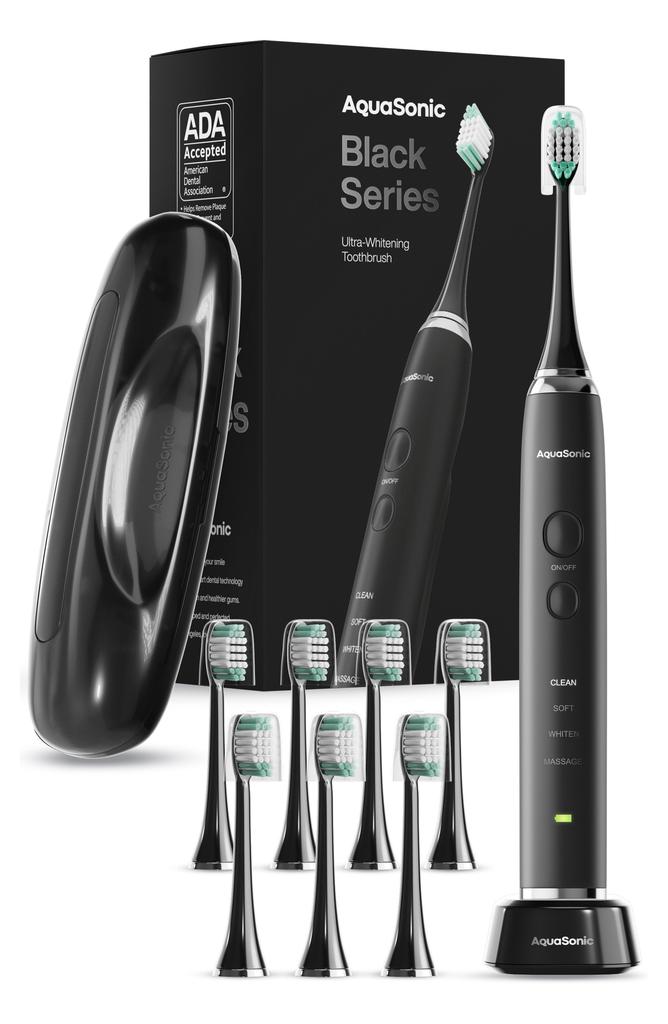 AQUASONIC Black Series Ultra Sonic Whitening ToothBrush with 8 DuPont Brush Heads & Travel Case