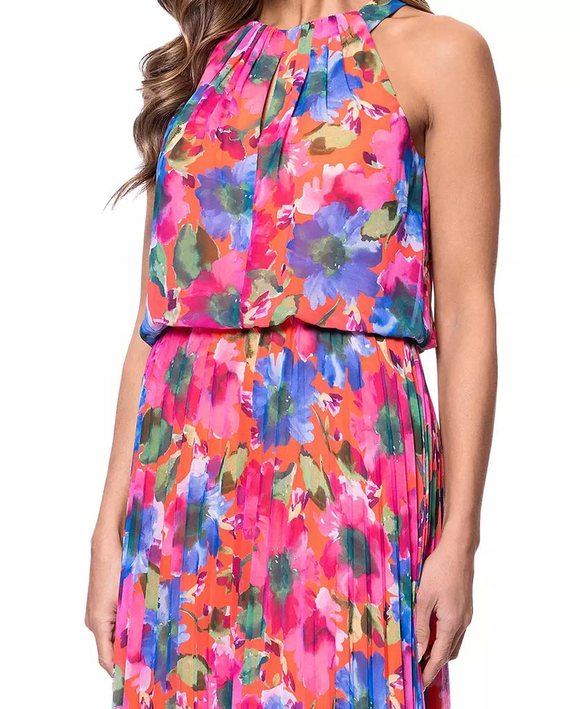 XSCAPE Women's Floral Chiffon Pleated Halter Gown