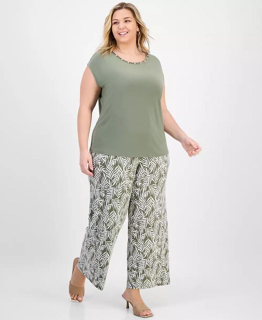 Kasper Plus Size Beaded-Neckline Short-Sleeve Top