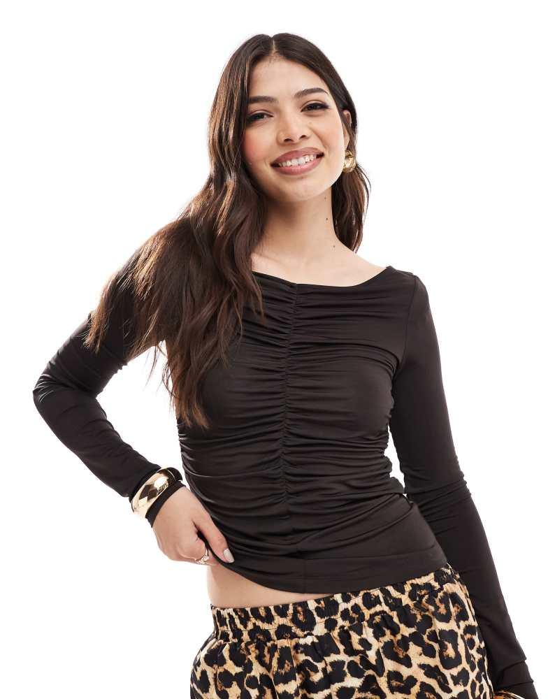 & Other Stories & Other Stories shimmer jersey rib long sleeve top with sweetheart neck and ruche front in dark brown