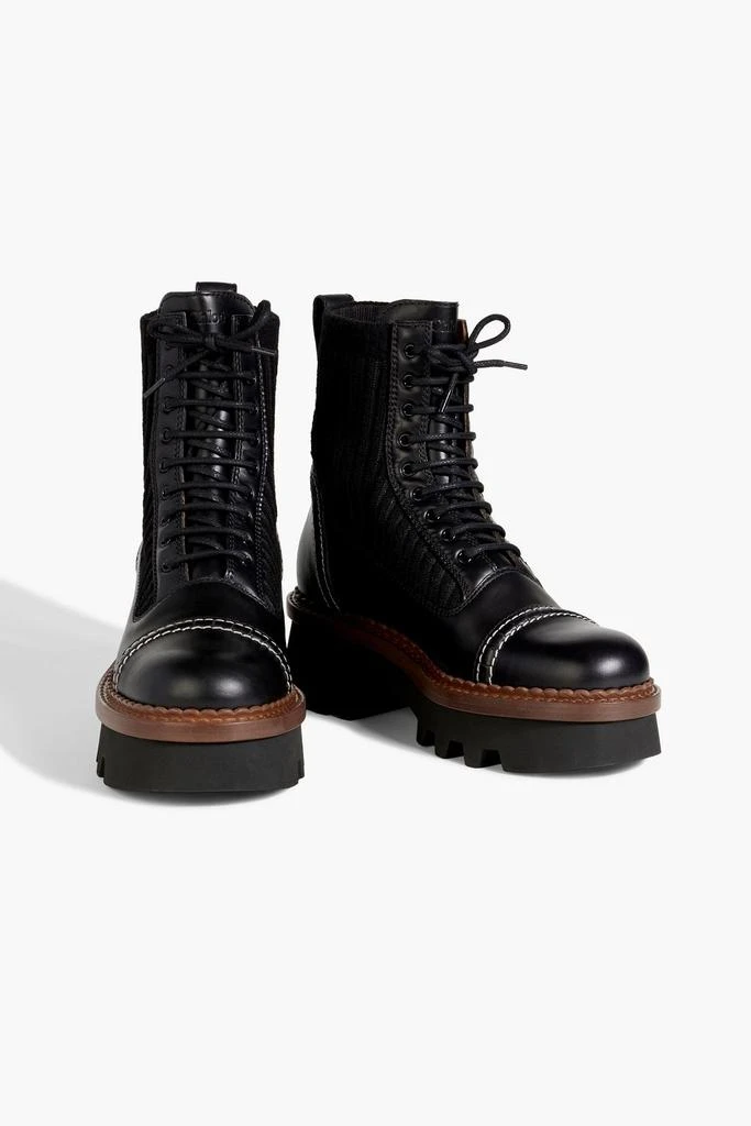 Chloé Owena ribbed-knit and leather platform ankle boots 2