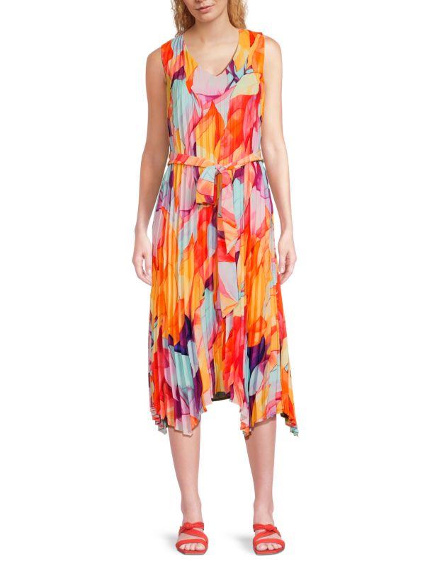 Tahari ​Pleated V-Neck Trapeze Midi Dress
