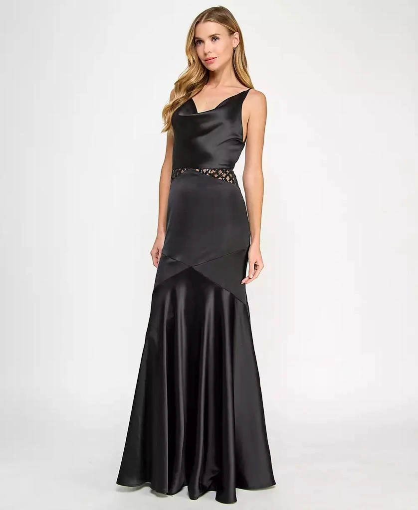 SENI & CADE Juniors' Satin Cowlneck Cutout Gown 3