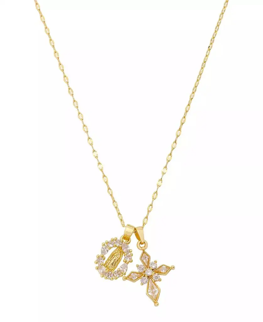 Unwritten Cubic Zirconia Gold-Tone Plated Saint and Cross Cluster Charm Necklace