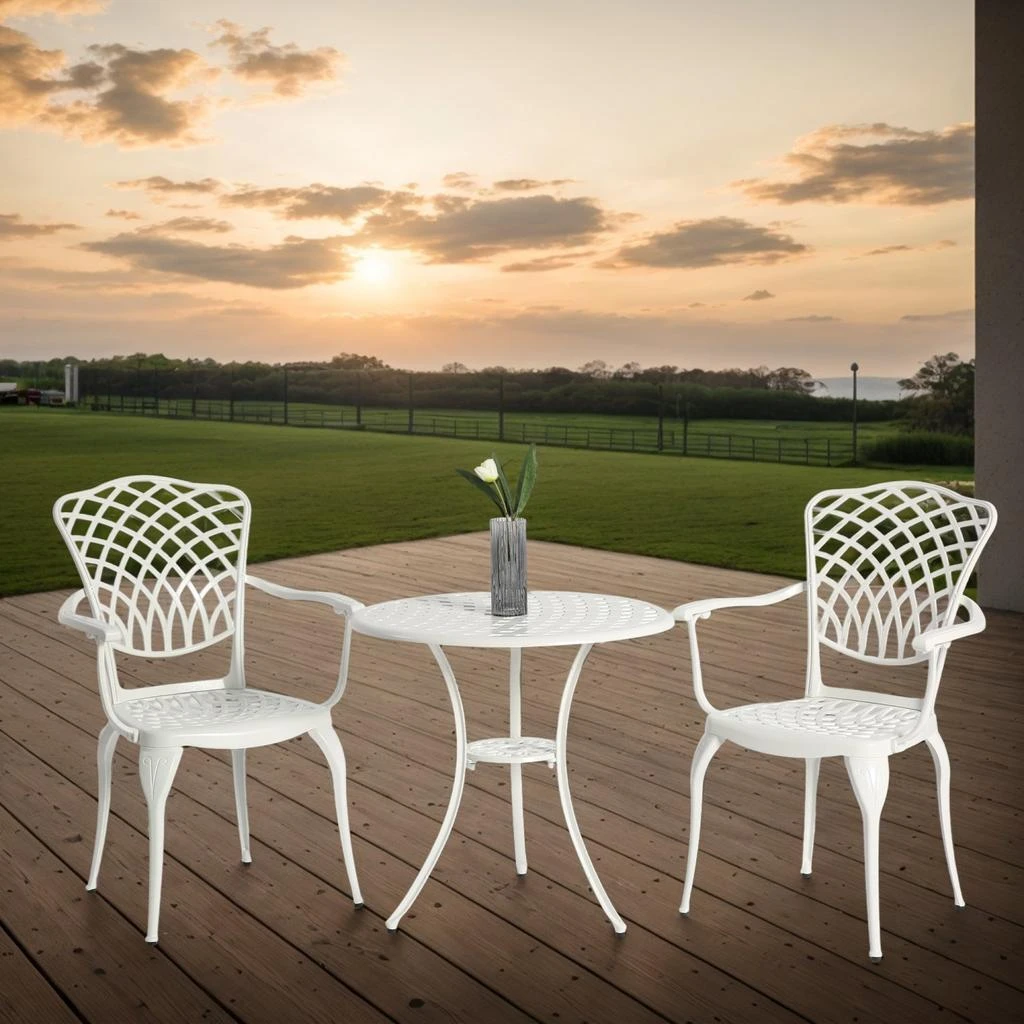 Streamdale Furniture Streamdale 3-Piece White Patio Bistro Set, Cast Aluminum Table 
2 Chairs, Umbrella Hole