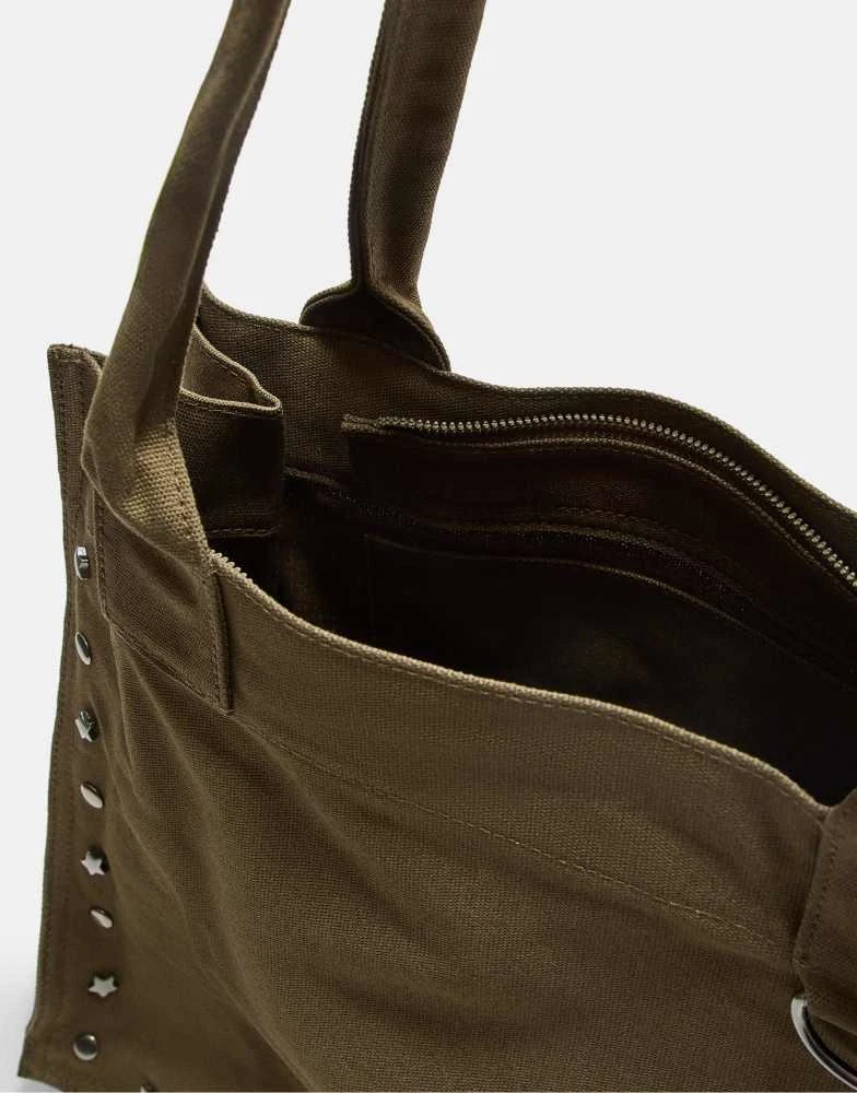 Shop Stradivarius Studded fabric tote bag in khaki on Sale at