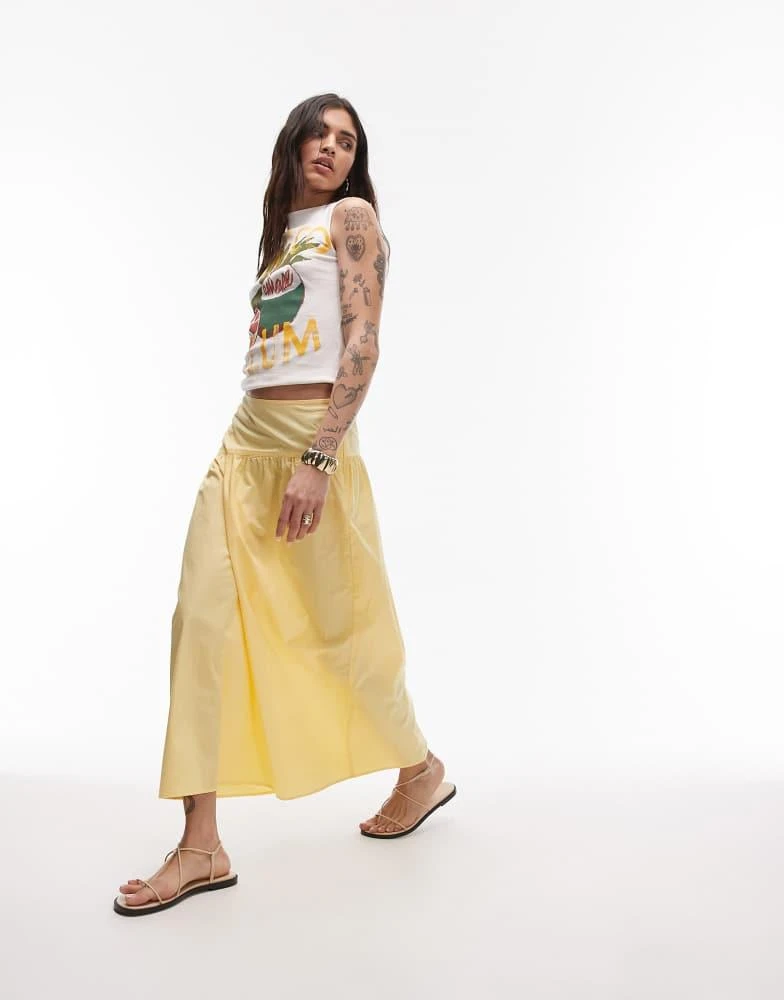 Topshop Topshop poplin full skirt with curved dropped waistband in yellow 1