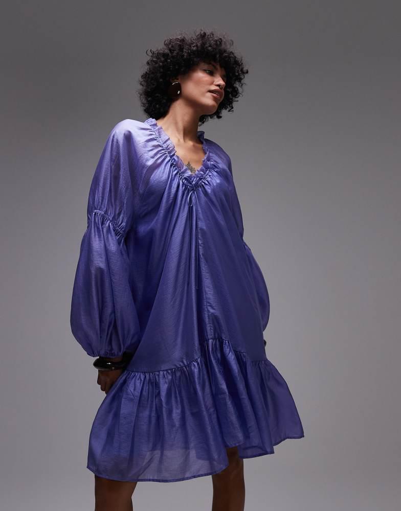 & Other Stories & Other Stories semi sheer mini dress with volume sleeves in blue