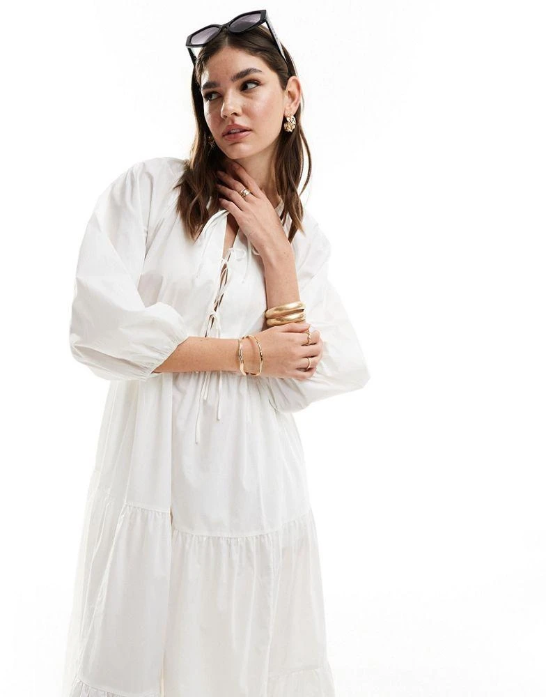 & Other Stories & Other Stories midaxi smock dress with bow bodice detail and volume sleeves in white 4
