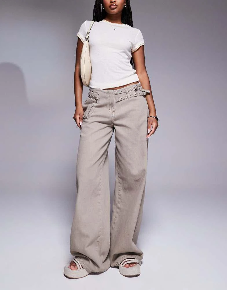 Princess Polly Princess Polly buckle and pocket detail baggy wide leg jeans in washed brown 1