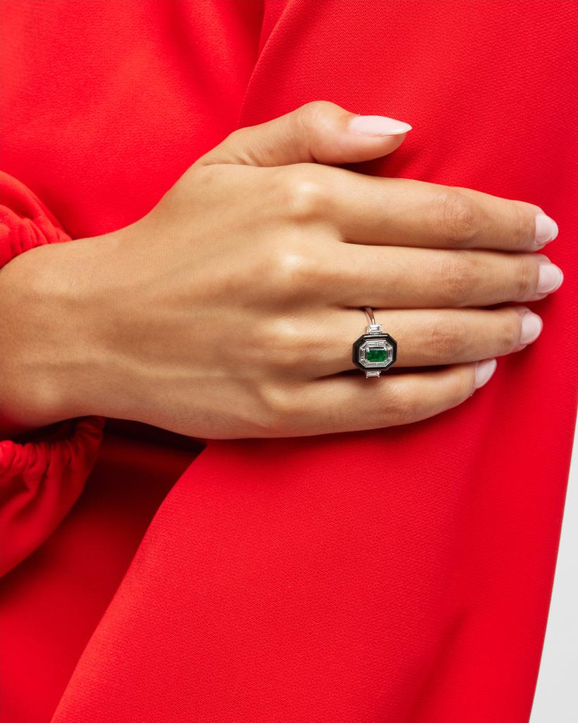 Nikos Koulis Oui 18k White Gold Black Enamel, Emerald and Diamond Ring