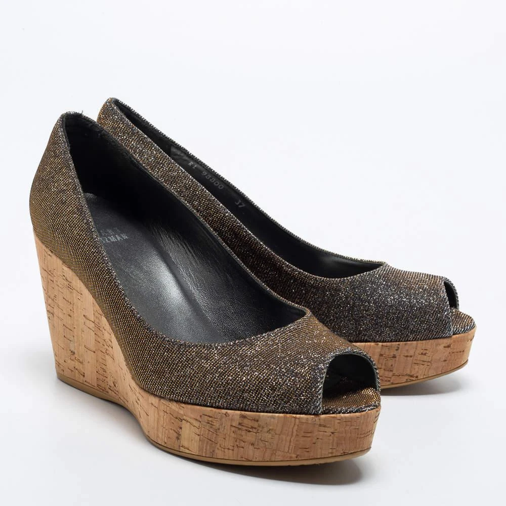 Stuart Weitzman Stuart Weitzman Grey Lurex Fabric Anna Cork Wedge Platform Peep Toe Pumps Size 37 4