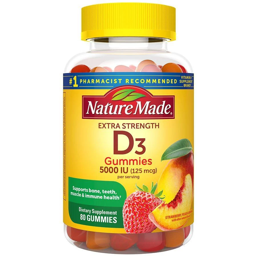 Nature Made Extra Strength Vitamin D3 5000 IU (125 mcg) per serving Gummies Strawberry, Peach, Mango 1
