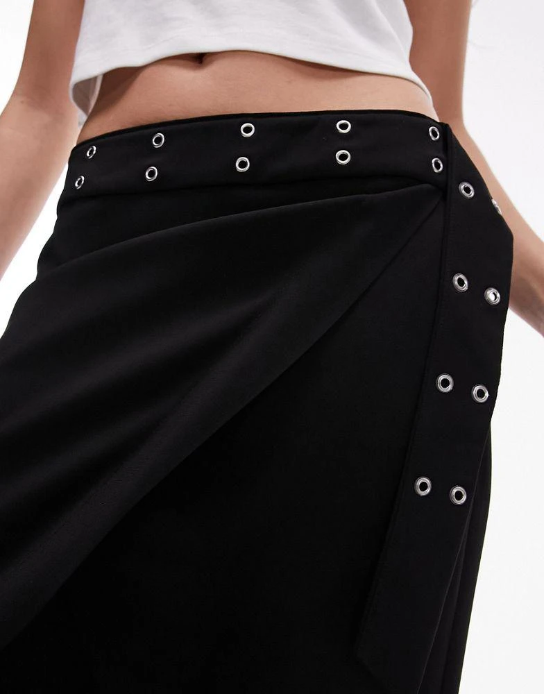 Topshop Topshop eyelet wrap low rise midi skirt in black 3