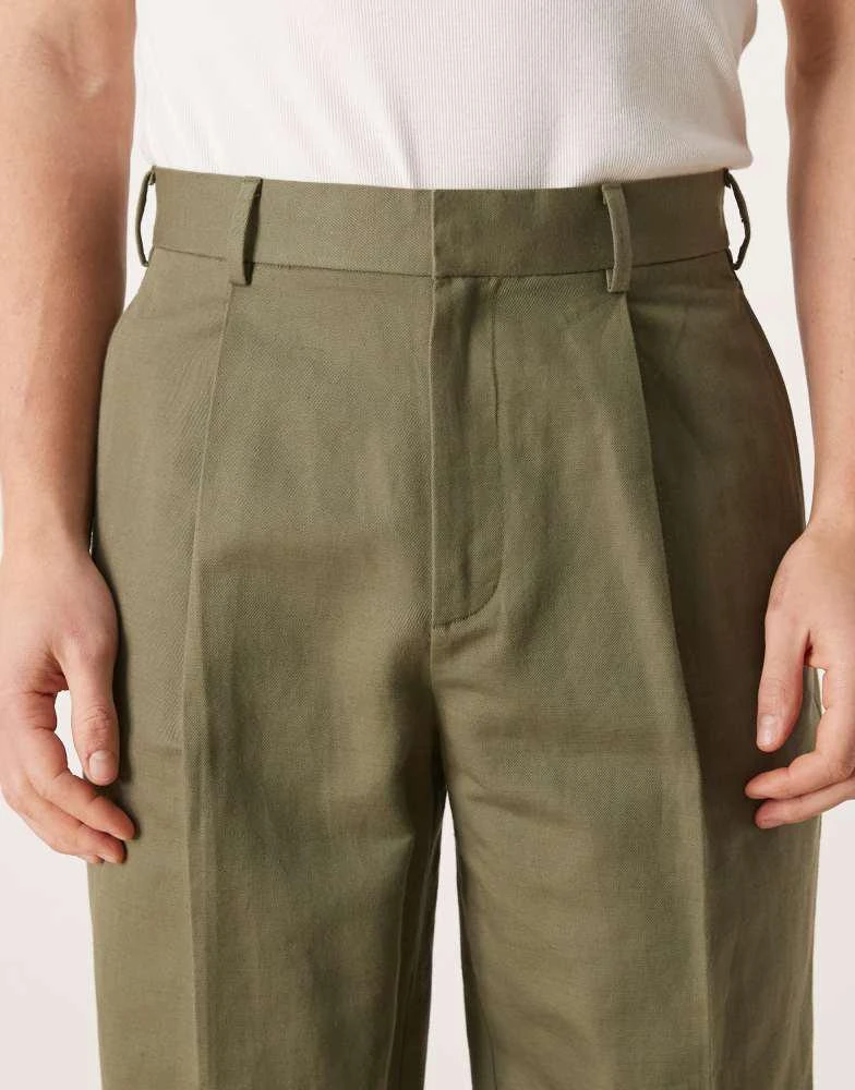 ASOS ASOS DESIGN smart pleated linen rich wide leg trousers in olive green 4