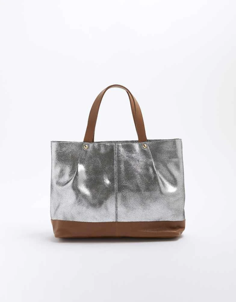 River Island River Island Metallic leather shopper bag in silver 4