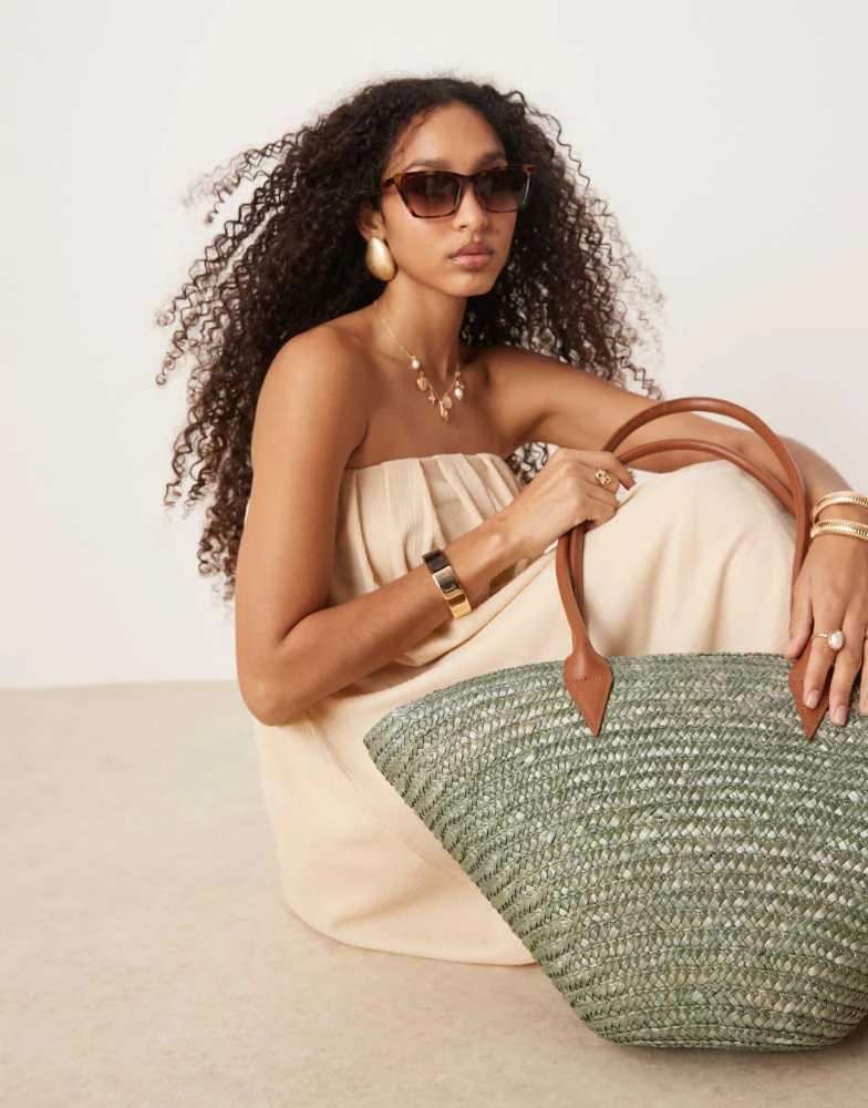 My Accessories My Accessories large straw tote bag with contrast strap in olive  green 3