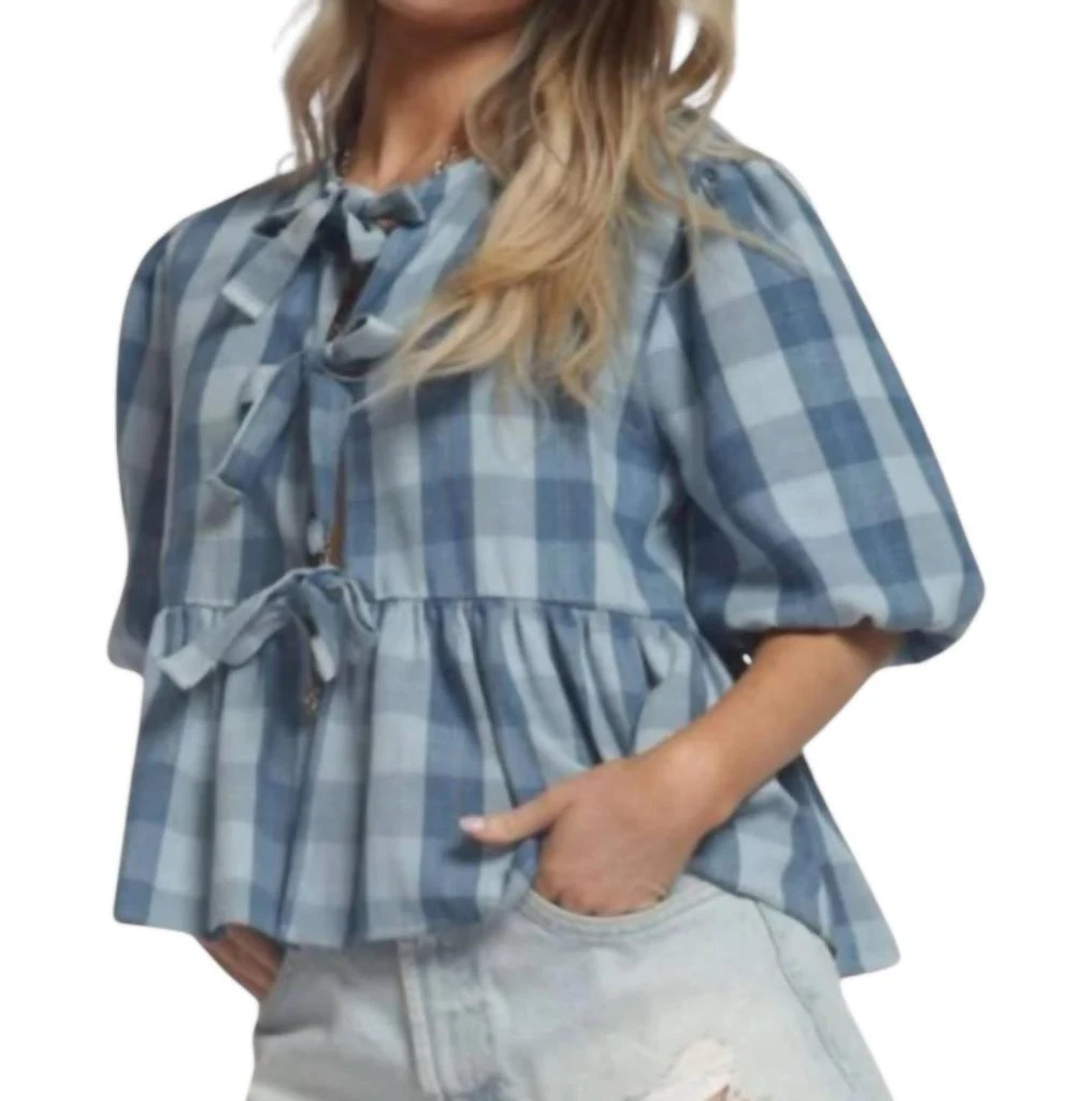 Blue Buttercup Blue Buttercup - Gauze Plaid Bow Blouse 1