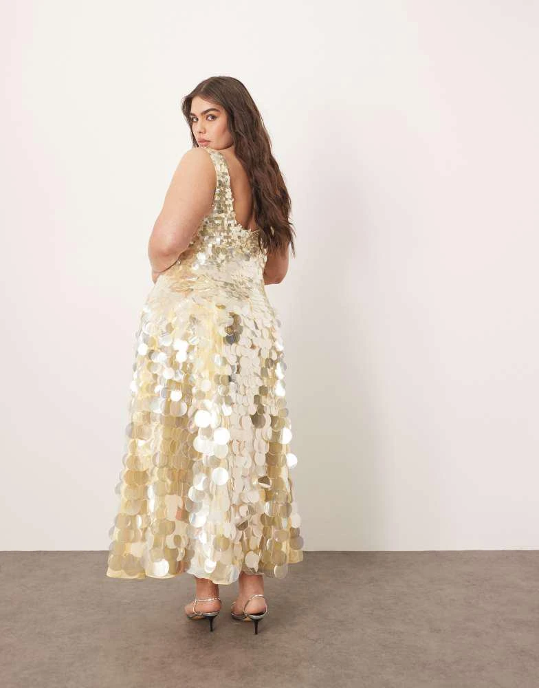 ARRANGE ARRANGE Curve embellished disc sequin square neck full skirt midi dress in lemon 4