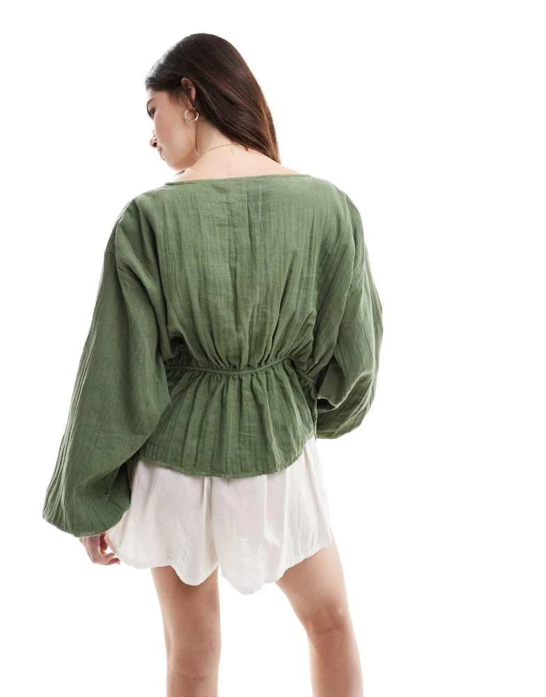 ASOS ASOS DESIGN long sleeve smock top with ties in khaki 2