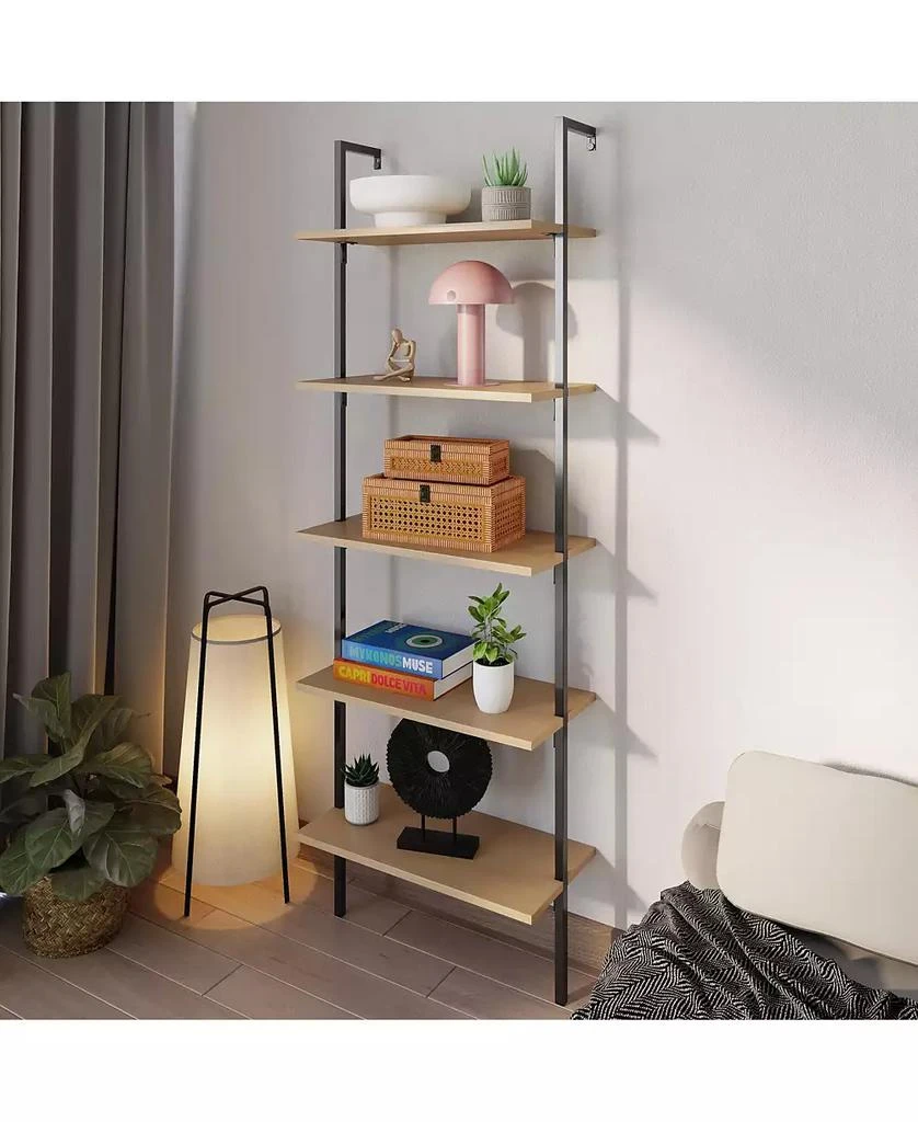 Happimess Madera Industrial 5-Shelf Wood Wall-Mounted Open Ladder Bookcase, Metal Frame 3